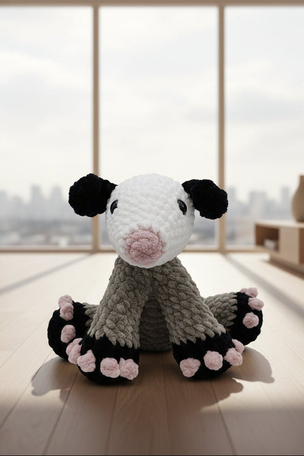 Crocheted opossum toy with black, white, and gray colors on a light gray background