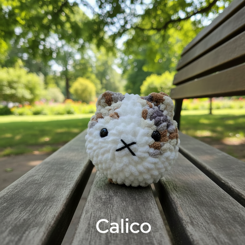 Crochet loaf style cat on a park bench