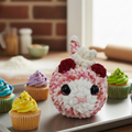 Crochet loaf cat with a peppermint color body and sparkly cream on the head on a white background