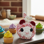 Crochet loaf cat with a peppermint color body and sparkly cream on the head on a white background