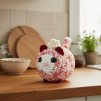 Crocheted cat with red ears and black eyes on a white background