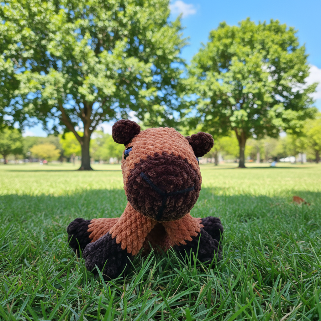 Crocheted capybara with a brown body and dark brown snout on a white background