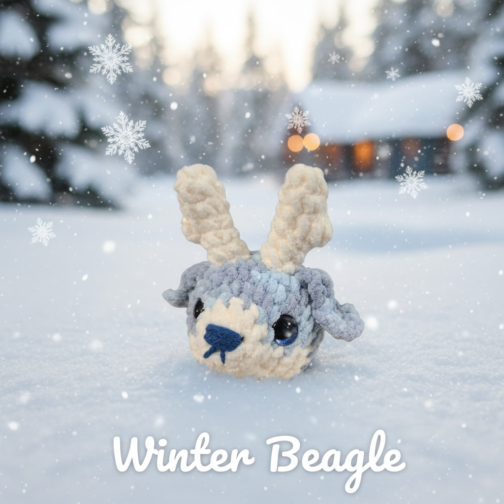 Crochet reindeer beagle with Bue and white fur, blue accents, and antlers on a white background