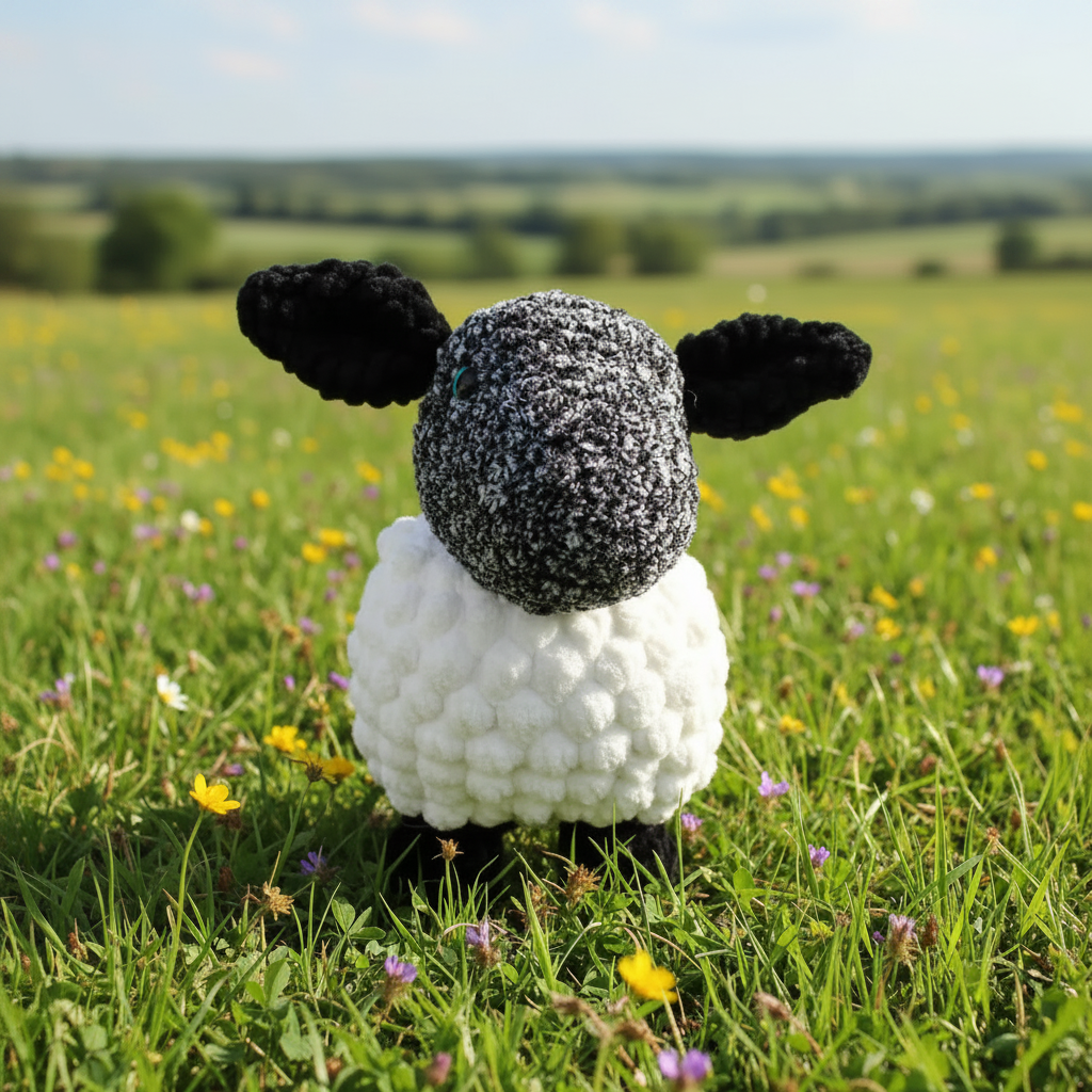 Crocheted sheep with black face and ears on a light blue background