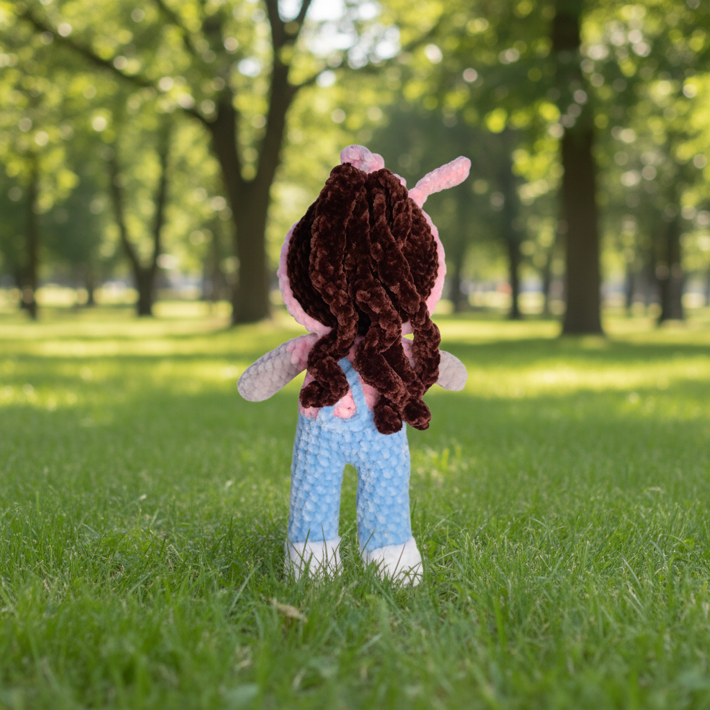 Crocheted doll with blue overalls and brown long hair in a ponytail on a white background