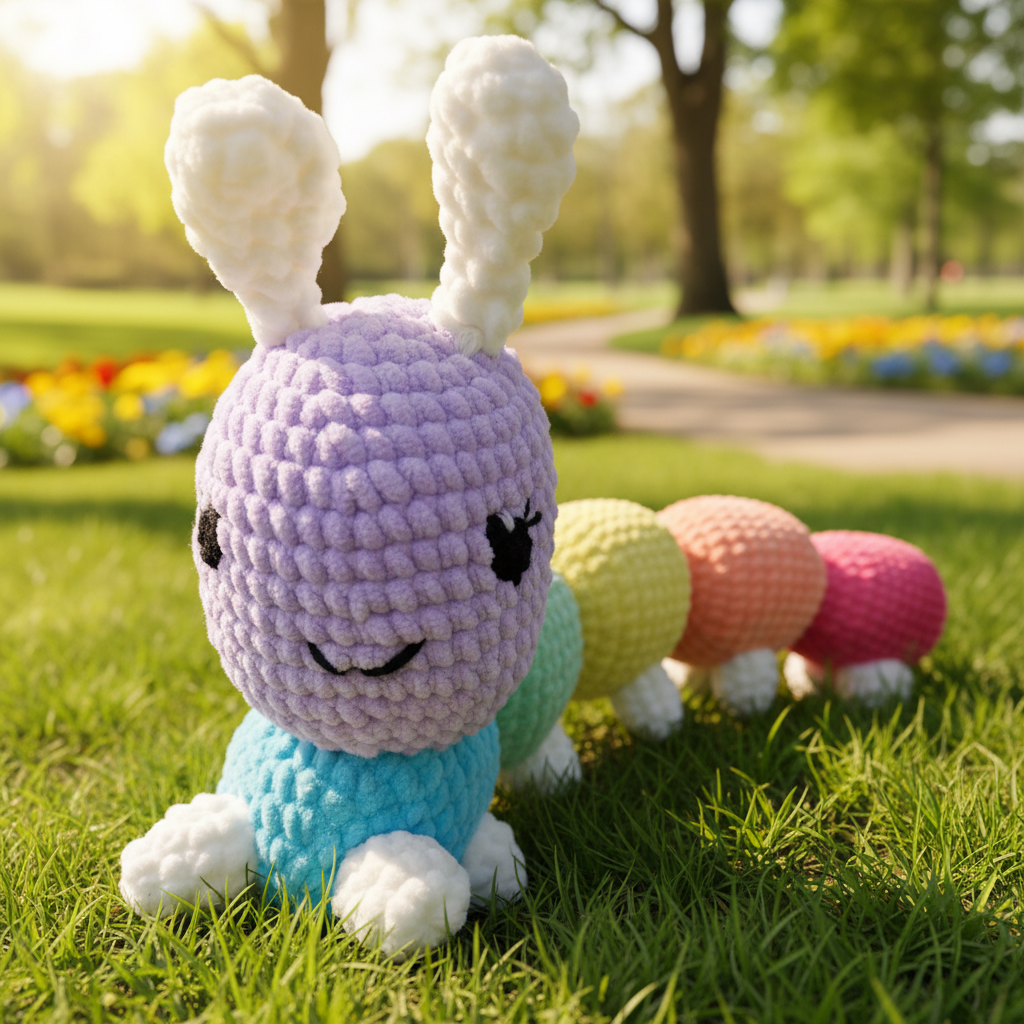 Crocheted caterpillar plushie with a purple head and colorful body on a light background