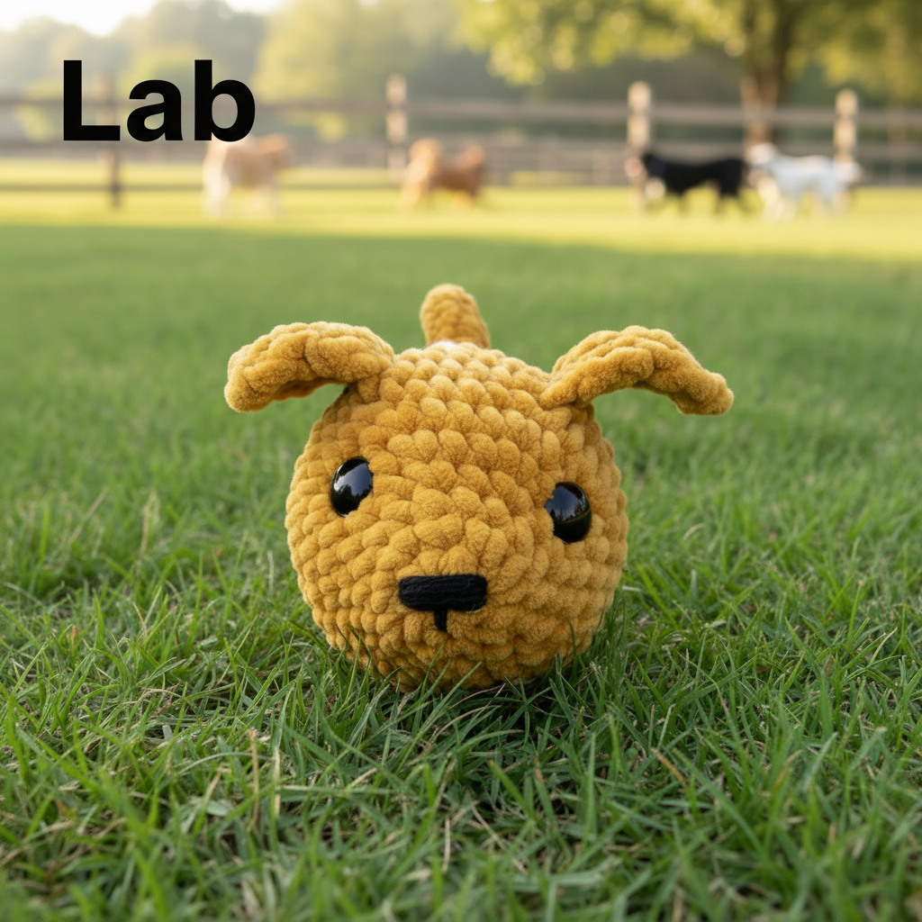 Crocheted dog with a round body, black eyes, and brown ears on a white background