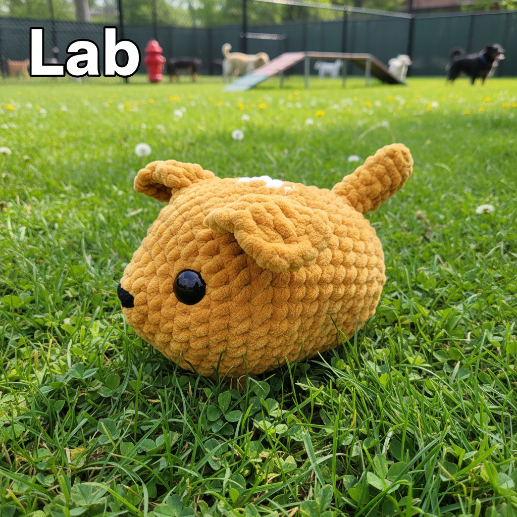 Crocheted brown dog with black eyes on a white background