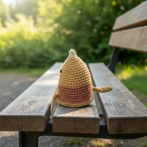 Crocheted Dumpling cat with a brown and beige color scheme on a light green background