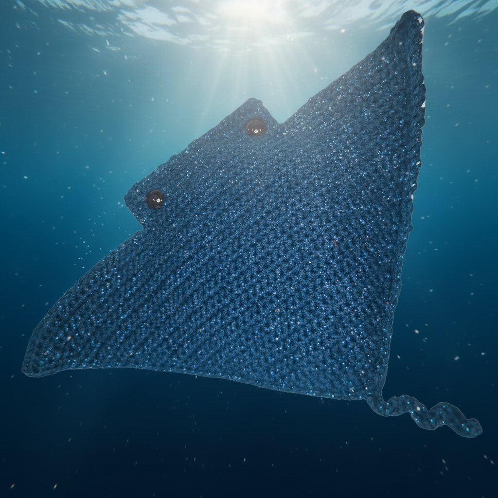 Crochet Manta Ray with sparkly blue body on a light blue background