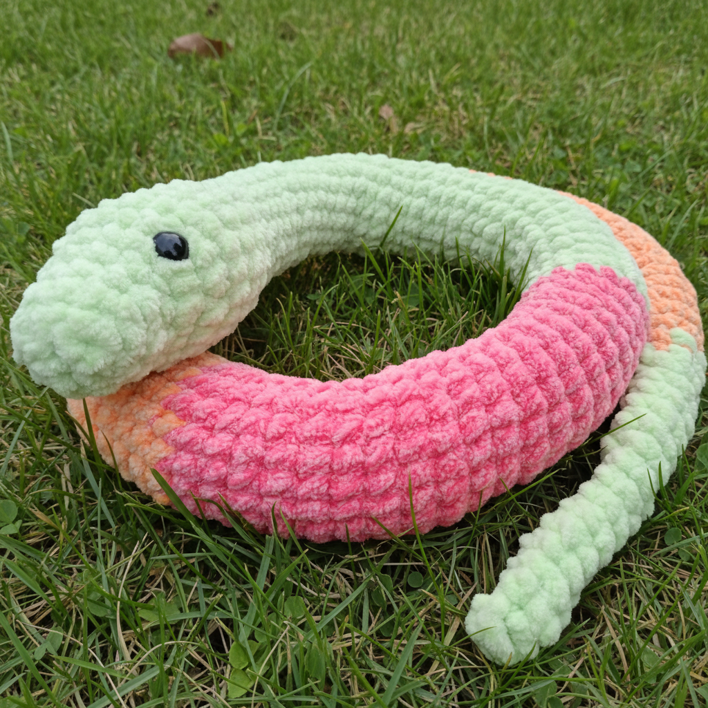 Crocheted snake in bright mint, pink and orange colors on a light background