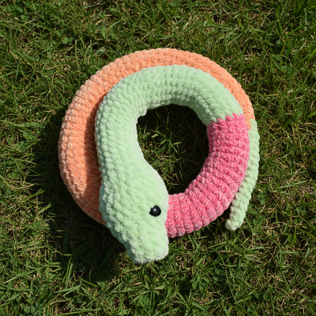 Crocheted snake with bright mint, pink and orange colors on a light background