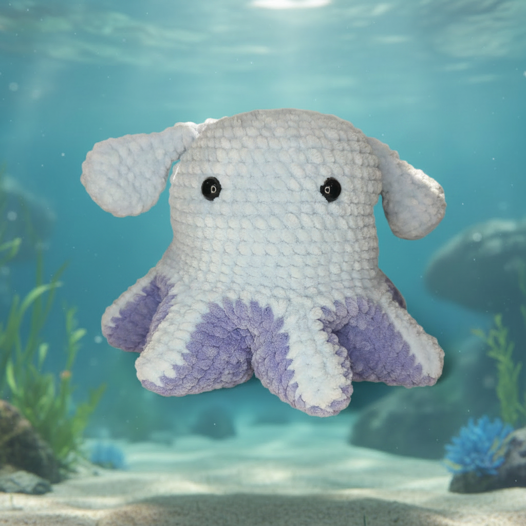 Light blue crocheted dumbo octopus with purple tentacles on a light blue background