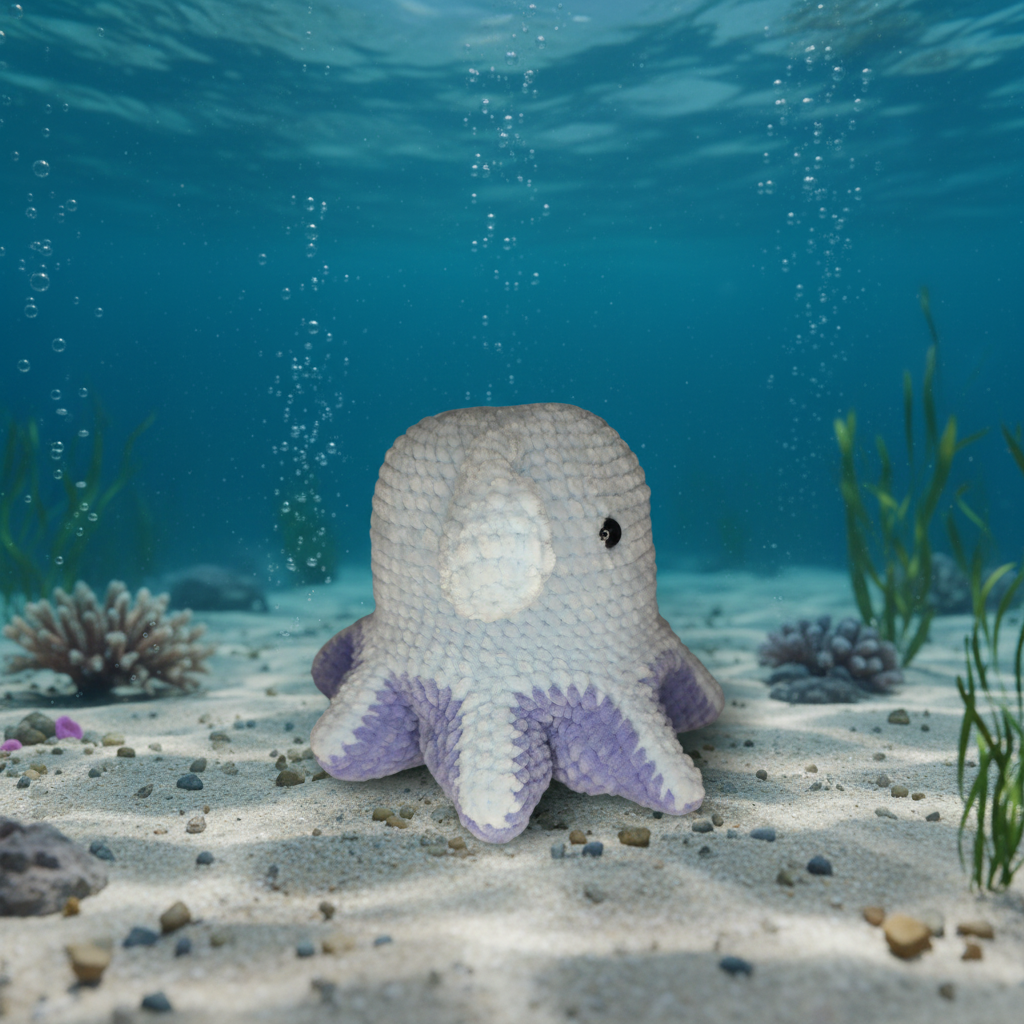 light blue crocheted dumbo octopus with purple tentacles on a light blue background